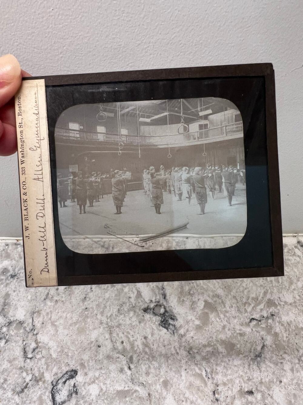 Antique Magic Glass Lantern Slide Dumb-Bell Drill Allen Gymnasium Boston Mass JL
